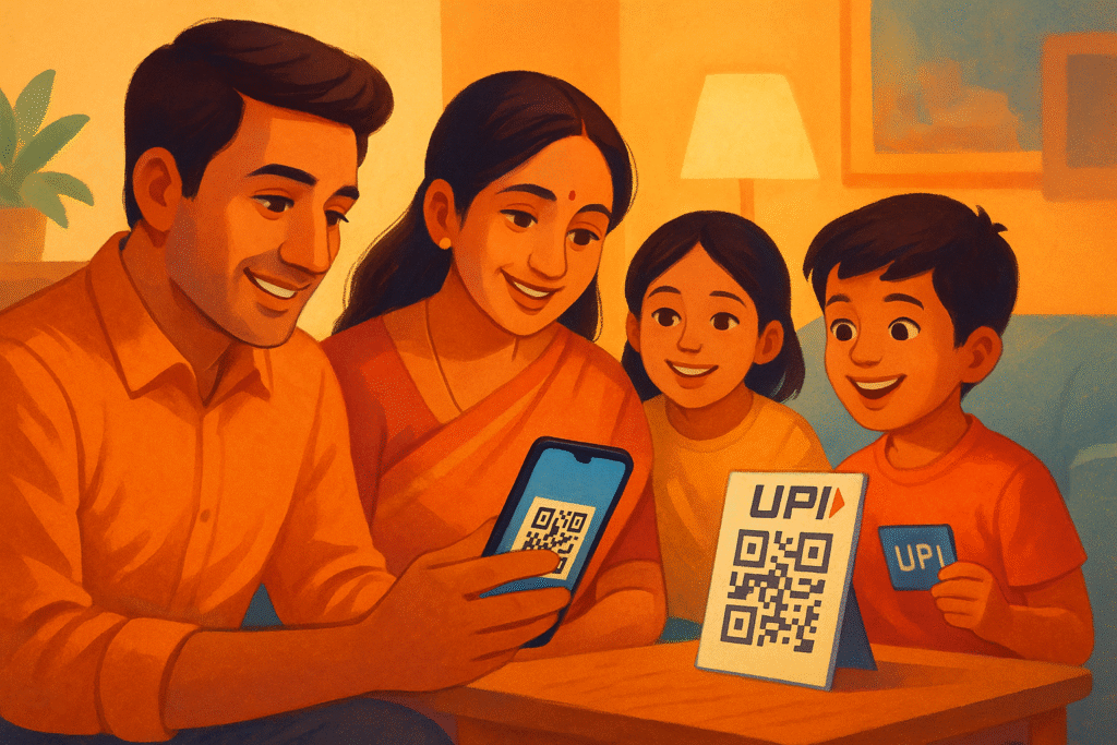 Indian family using UPI digital payment on smartphone